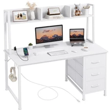 White Computer Desk with Hutch & Drawers - Office Desk with 3 Storage Drawers...