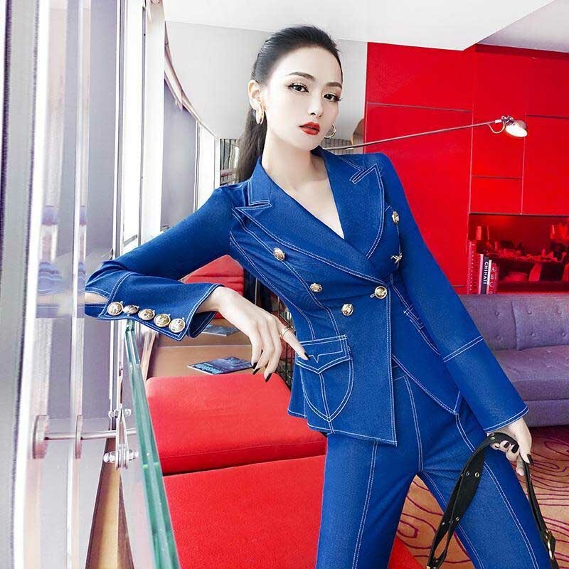 Women Double Breasted Suit Separates Flared Pant TwoPiece Set Denim