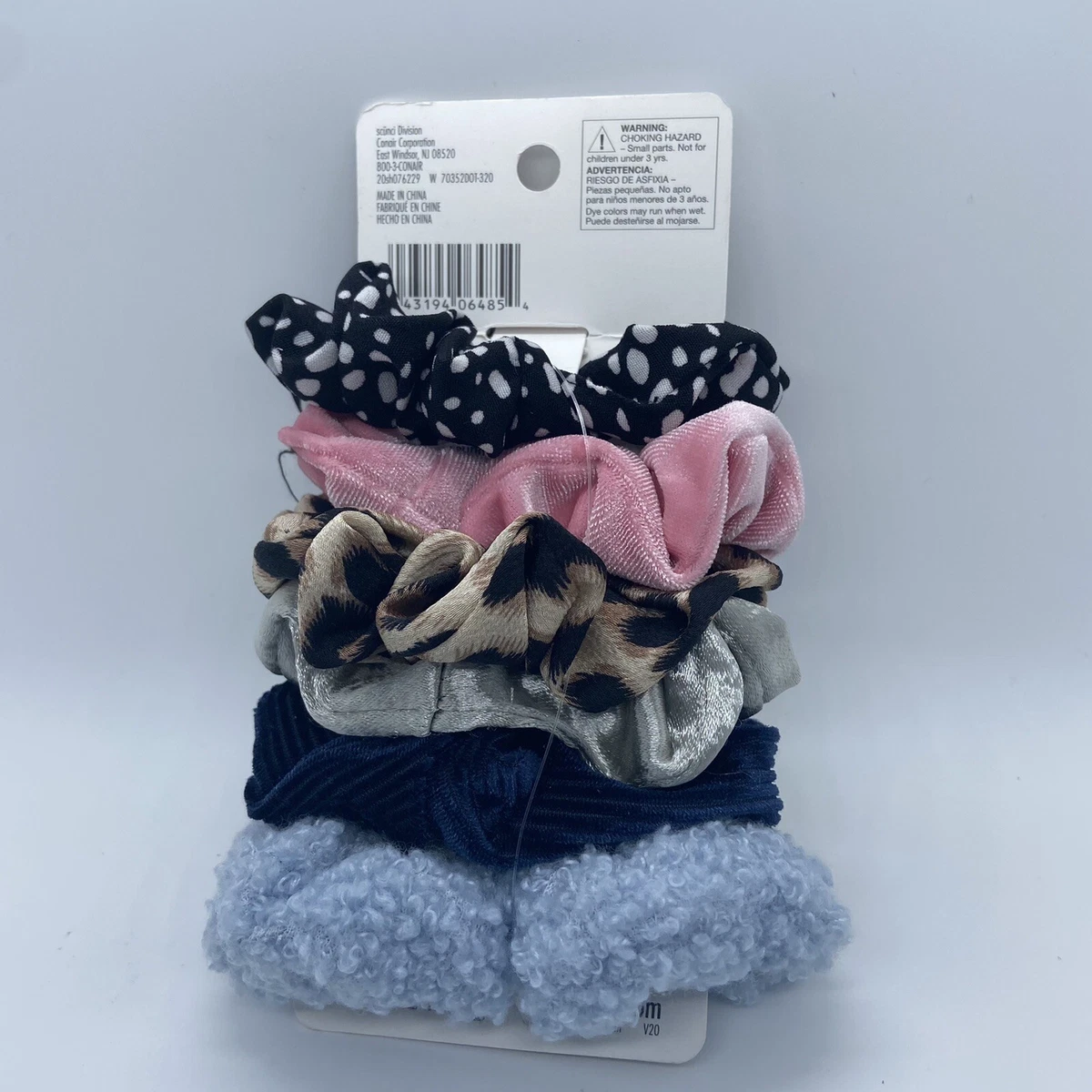 NEW Scunci Scrunchie Animal Print Blue Corduroy Solid Pink Satin 6 Pack - #70352