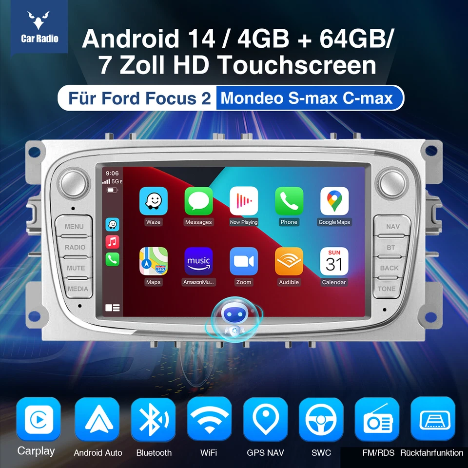 DAB+ 4+64G Autoradio Android 14 Für Ford Focus Mk2 Mondeo C/S MAX Galaxy GPS KAM - Bild 2 von 4