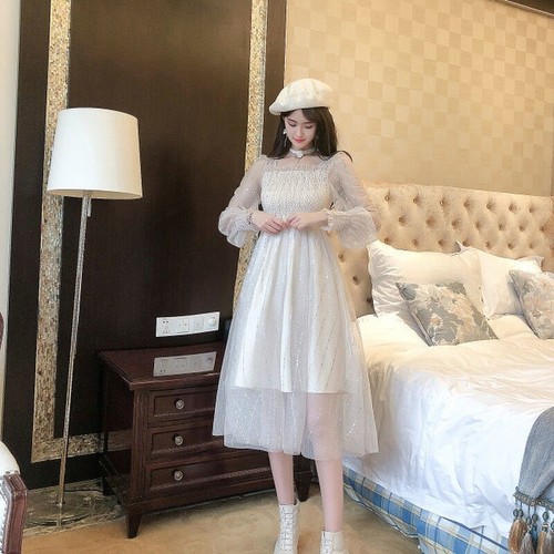 Lady Striped Mesh Dress Midi Puff 