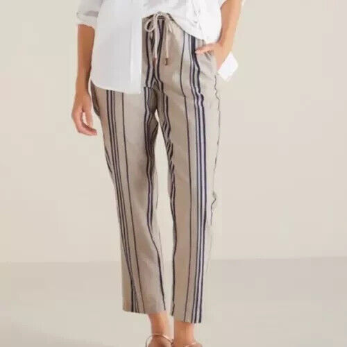 NEW Soft Surroundings Crop Pants Women 3x Blue Striped Linen Drawstring Elastic