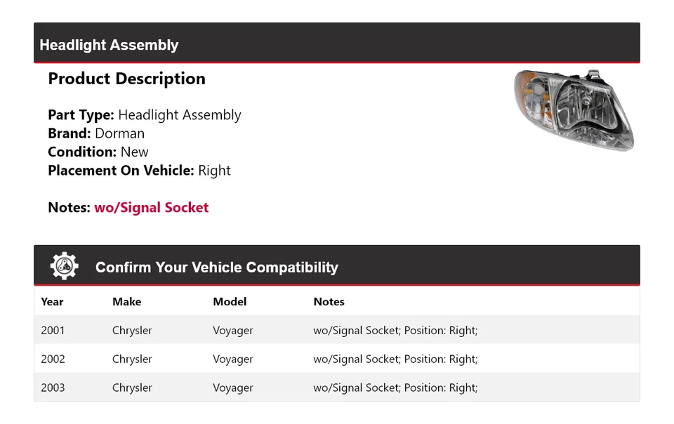 For 2001-2003 Chrysler Voyager Dorman Headlight Assembly Right 2002 - Image 2 of 4