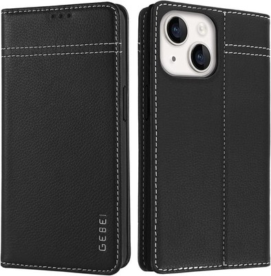 iPhone 15+/15 Plus Hülle GEBEi Echt Leder Flip Case Lederhülle Handyhülle Black