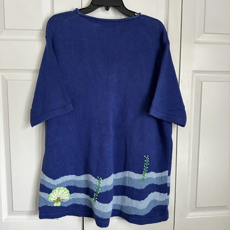 Vtg Quacker Factory Cardigan Sweater Womens 1X Blue Ocean Sea Life Embroidered - Image 2 of 4