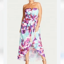 NWT City Chic 14 Bright Bouquet Maxi  Strapless Floral Dress Purple and Blue
