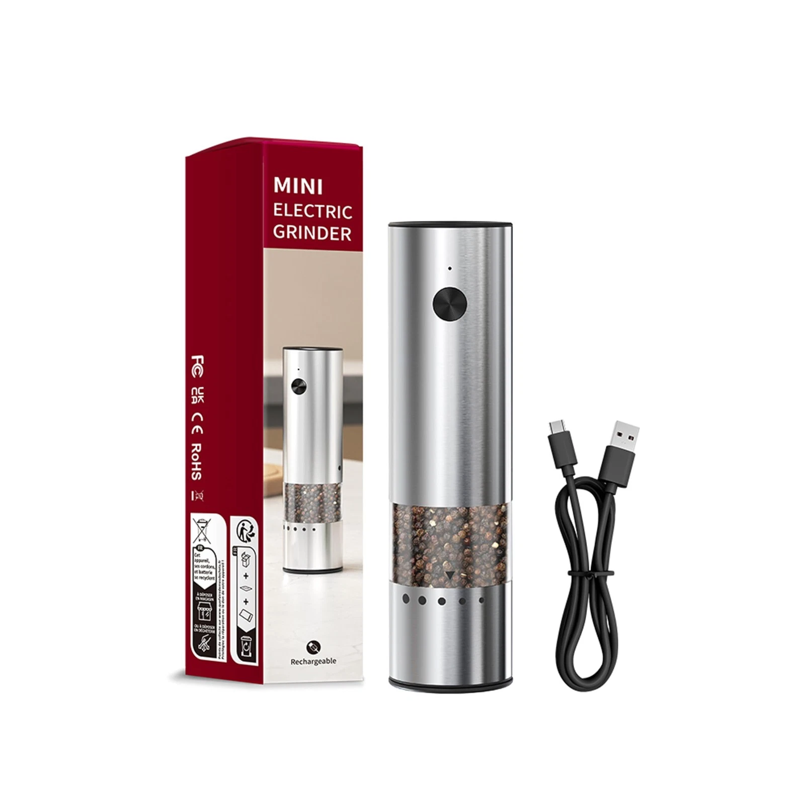 Mini Electric Salt and Pepper Grinder Stainless steel, USB Rechargeable, Smal...