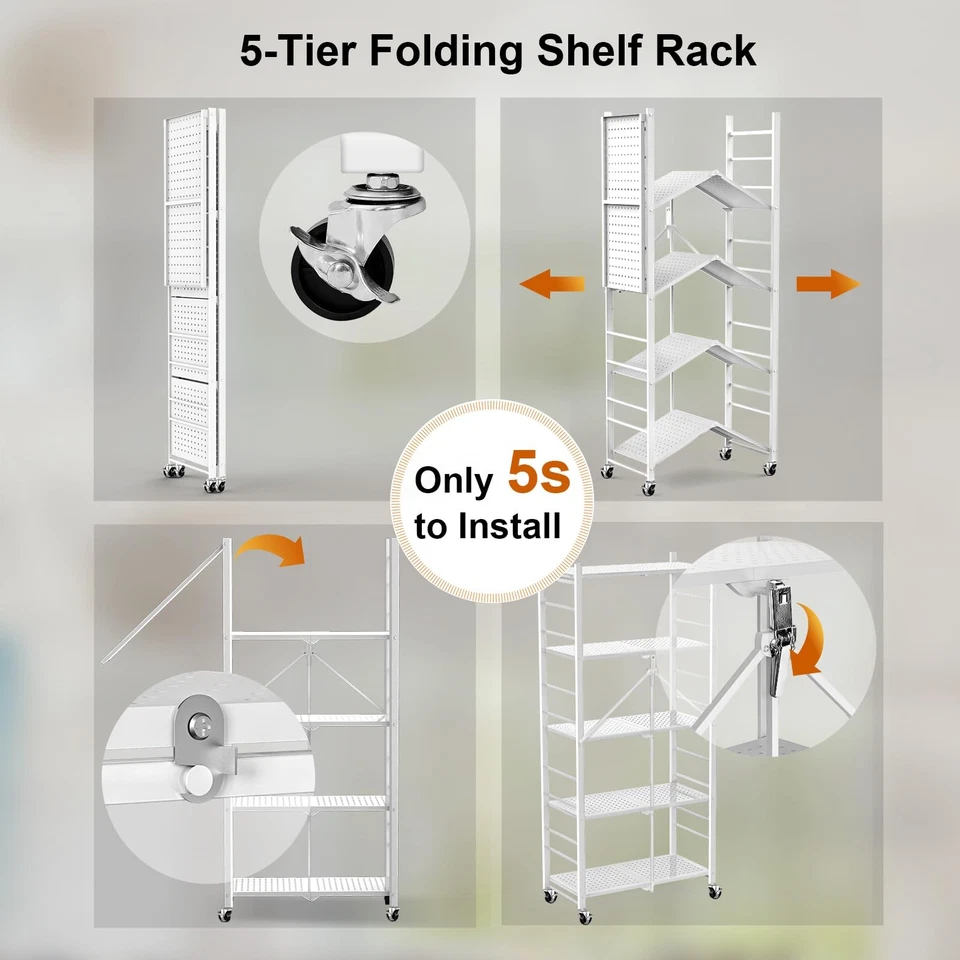 5-Tier Storage Folding Shelf with 20 Hooks, 4 Wheels, and Adjustable Feet, St... - Image 4 of 4