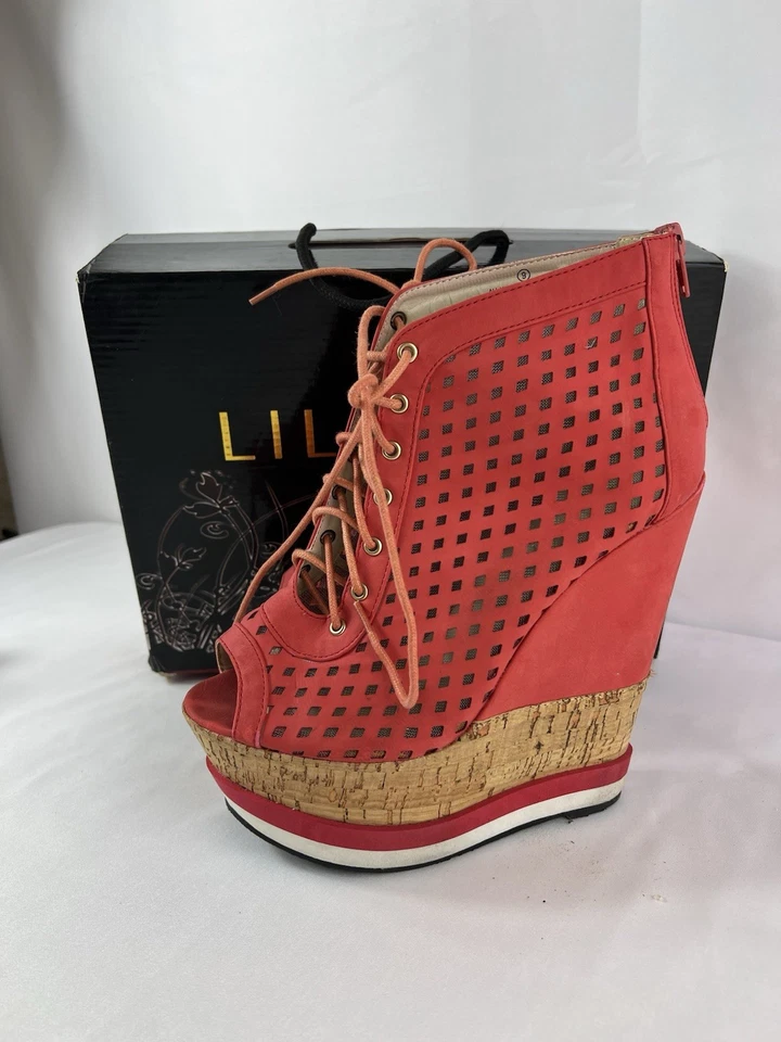 Sandalias con cordones de cuña LILIA Felicia-12 Coral Peep Toe talla 9 - Usadas Foto 4 de 4