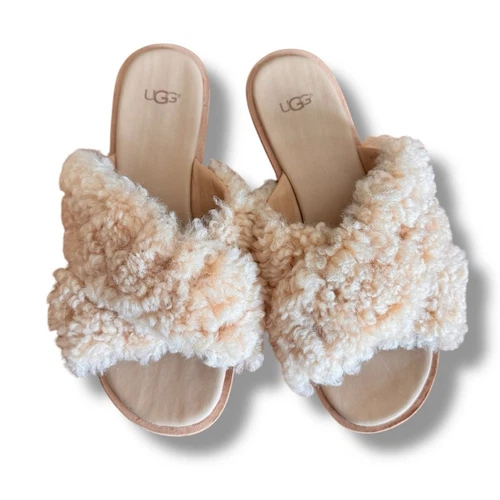 Sandali donna UGG panna fuzzy slide taglia 9 vera pelle di pecora shearling