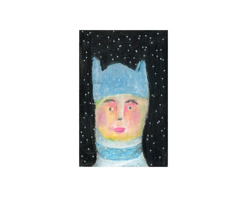Portrait Painting Boy Blue Hat 4x6 Naive Outsider Winter Snow Art Miz Katie - Picture 2 of 12