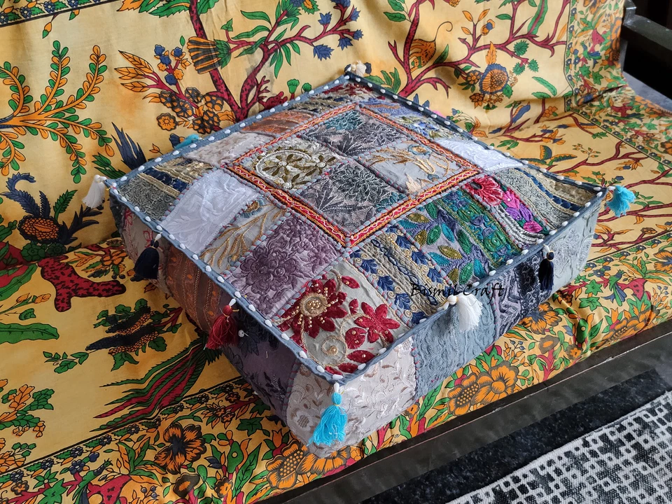 Grey Patchwork Cushion Cover Square Cotton Box Unfilled Pillow Decoration - Image 2 of 4