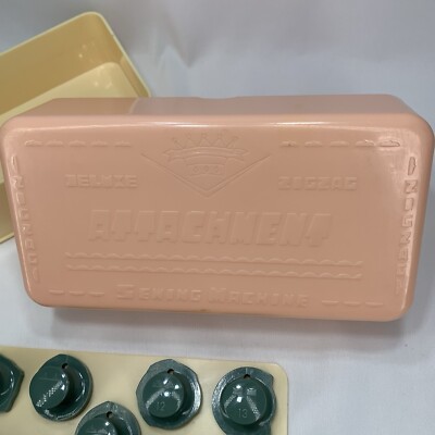 Vintage Deluxe Zigzag Sewing Machine Attachment Pink Box with 18