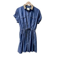 Sea New York Short Sleeve Leopard Collar Denim Shirtdress Mini Dress Blue 8