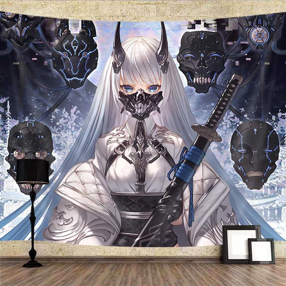 Gothic Samurai Girl Extra Large Tapestry Wall Hanging Art Anime