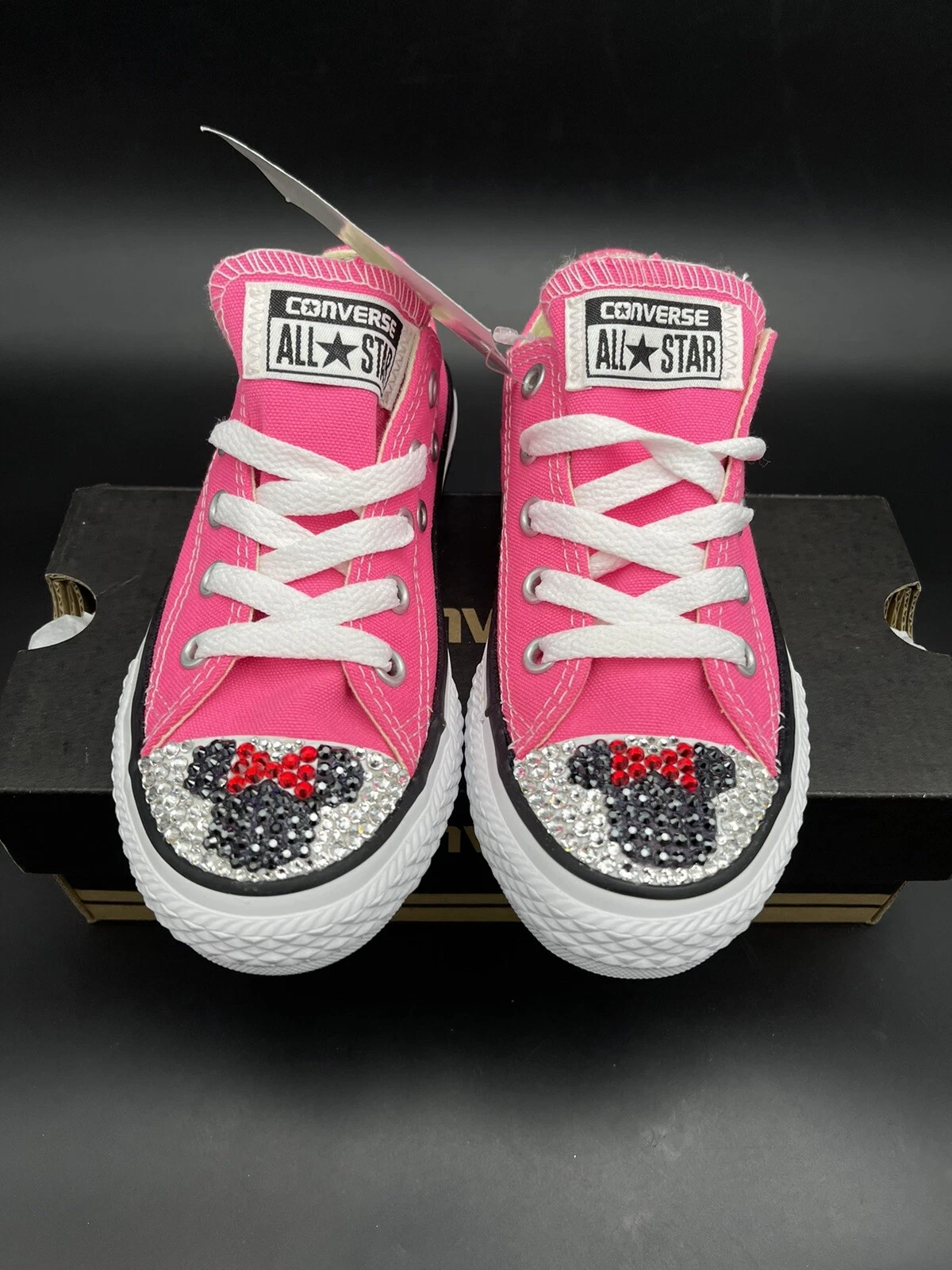 Converse All Star personalizzate rosa caldo neonati Minnie Swarovski taglia US 12 giovani