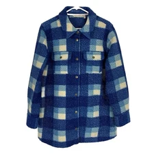 Soft Surroundings Dealto Jacket Sherpa Blue Womens Size L Plaid Shacket Snap