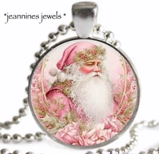 Pink Santa Claus Necklace Silver Charm Pendant Shabby Victorian Christmas Roses