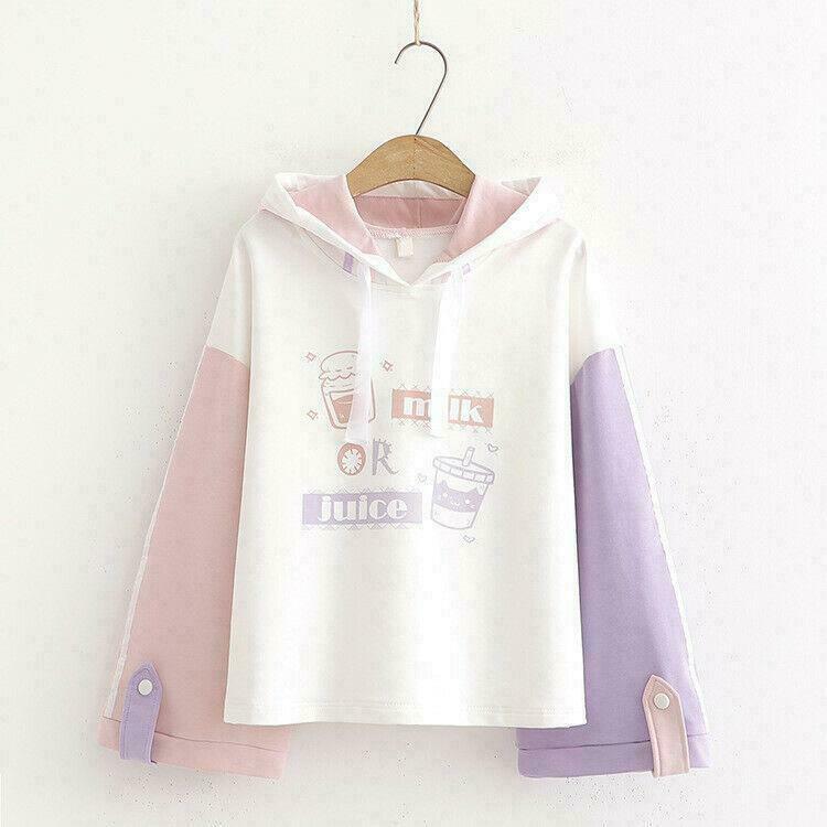 Kawaii Clothing Ropa Harajuku Sudadera con Capucha Jugo de Leche Estilo Preppy Pullover Sudadera