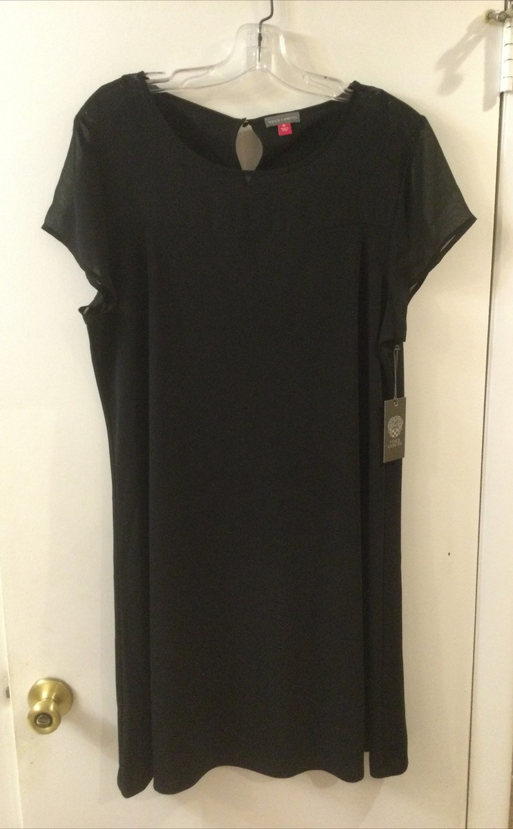 Vince Camuto Black Jersey Dress Sheer Neckline Short Sleeve XL Elegant New