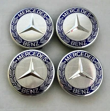SET OF 4 Mercedes-Benz 75MM Classic Dark Blue Wheel Center Hub Caps AMG Wreath