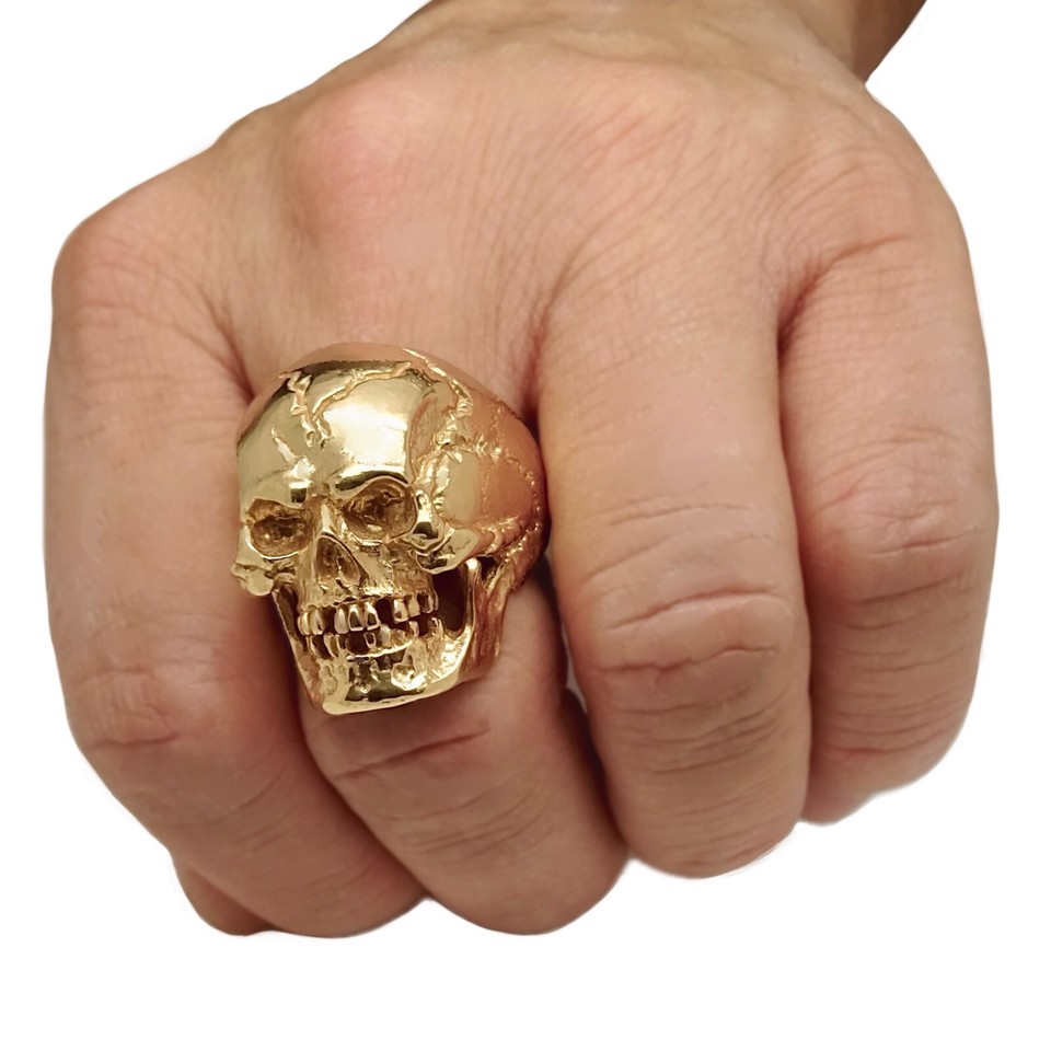 SKULL Spinner Ring – 14K Yellow Gold Over 925 Sterling Silver, Gothic Biker Style, 10mm Band
