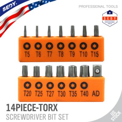 14PC Torx Hex Bit Set Security Tamper Proof Torq Star Resistant S2 Steel T5 -T40