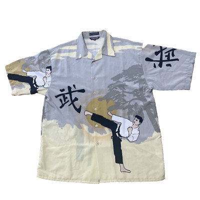 Vtg PERUZZO SPORT Karate Graphic Button Shirt Men XL Gray Cream Japan Martial 50