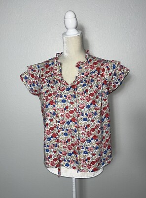 Avara Floral Cotton Boxy Oversized Blouse Top Ruffle Cap Sleeve Boho S