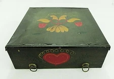Wood & Metal Box Folk Art Hand Painted Hearts Flowers Dove VTG EUC 