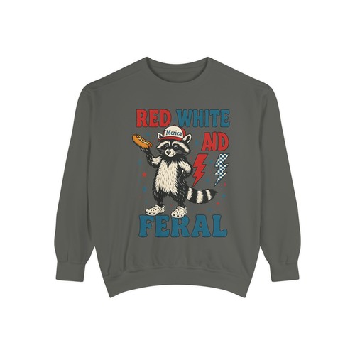 Red White and Feral Raccoon Sweatshirt Unisex Garment Dyed Funny Pullover - Picture 16 of 82