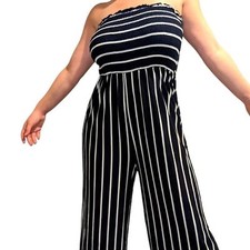 Hem Thread Strapless Jumpsuit Dark Blue White Stripe Wide Leg Smocked sz Large