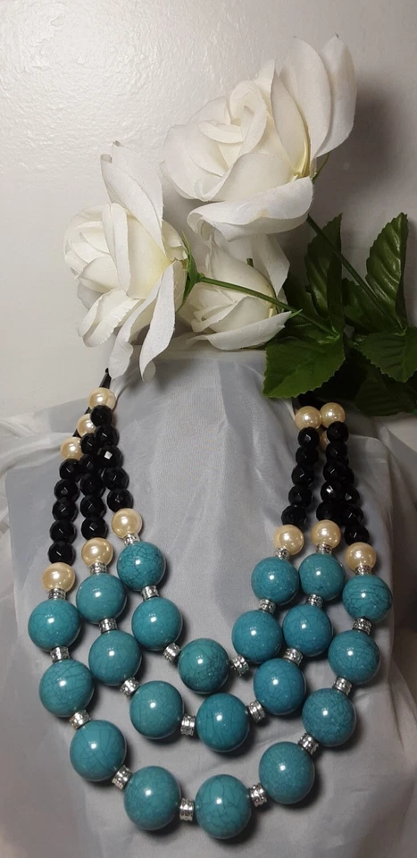 Necklace Silver Tone Teal Black White Graduate Triple Layer Strand Stamped NRT - Image 2 of 4