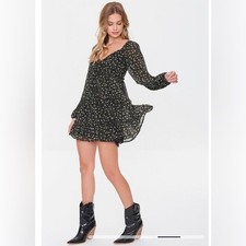 Forever 21 Floral Mini Dress Black Long Sleeve Tiered Babydoll - Medium