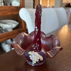 Fenton, Basket, Ruby Amberina Stretch Glass, Hand Decorated, Limited Edition.
