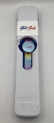 Vintage Flik Flak Watch Rainbow Color Strap Blue Quartz Dial Swiss New Battery