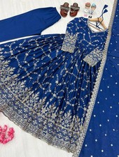 Attractive Look Chinnon Silk Blue Salwar Kameez With Dupatta For Festival Wear