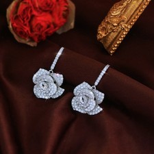 Silver Plated Zirconia Paved Rose Flower Long Drop Earrings Women Bridal Jewelry