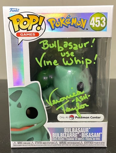 Veronica Taylor -Ash- Signed "Vine Whip!" Bulbasaur Pokemon Funko Pop #453 PSA