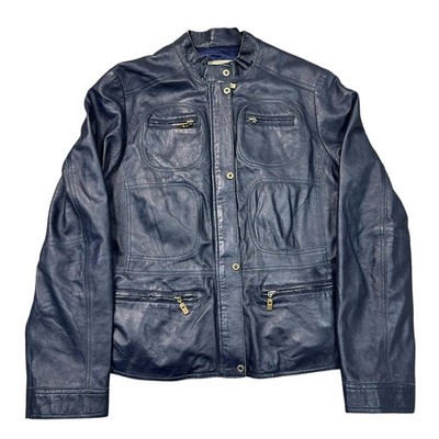 Conbipel Leather Biker Jacket Cafe Racer Full Zip Blue Womens Large
