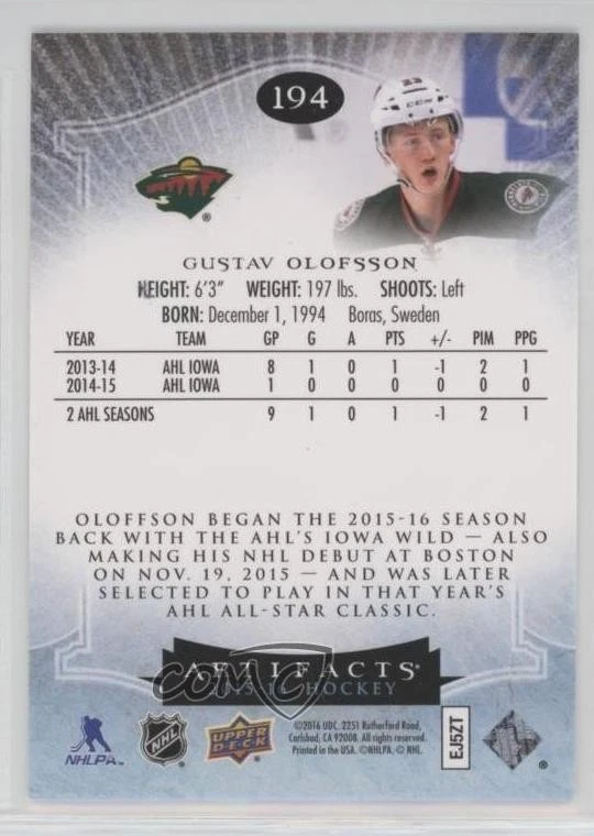2015-16 Upper Deck Artifacts Rookie Redemptions /899 Gustav Olofsson #194 RC - Image 2 of 2
