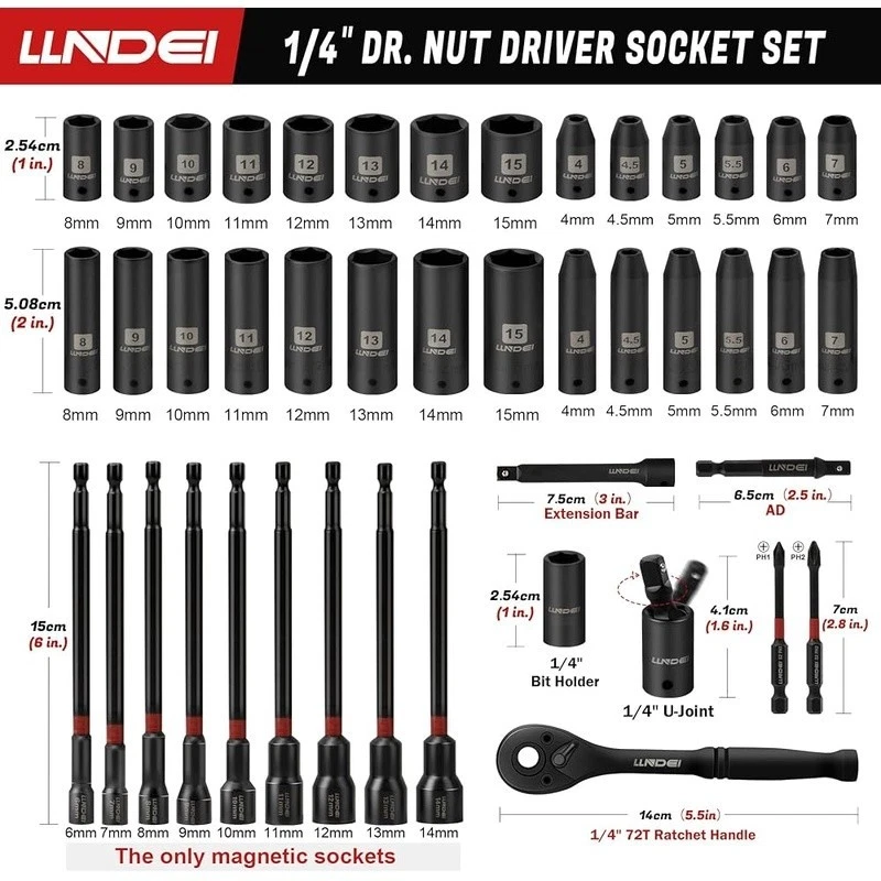 44PCS 1/4 Drive Metric Impact Socket Set W/ Ratchet Extension Nut Driver New - Image 4 of 4