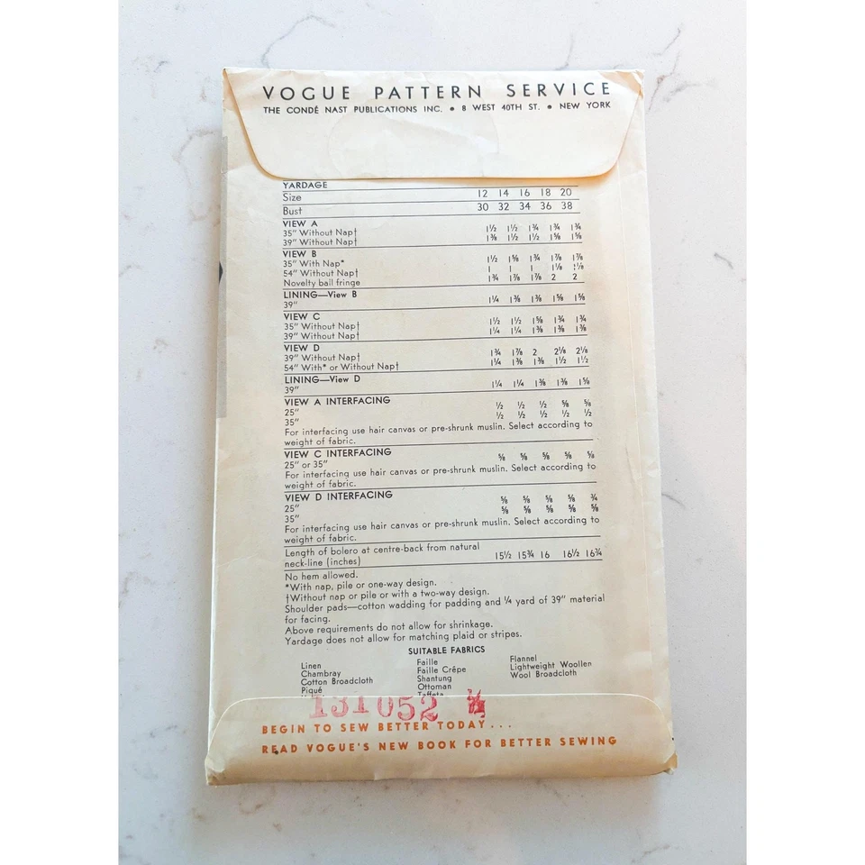 1953 Vogue 7259 Bolero Jacket Sewing Pattern - Mid-Century Design, Bust 30 - Image 2 of 3