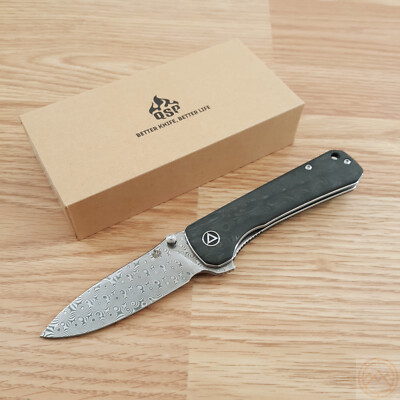 QSP Knife Hawk Folding Knife 3.25'' Damascus Steel Blade Carbon Fiber Handle