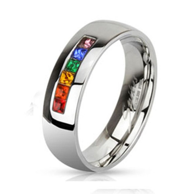 6mm Stainless Steel Gay Lesbian Pride Rainbow Wedding Band Promise Ring