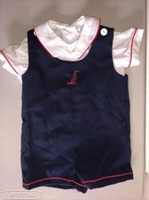 Vintage Boys 'n Berries Blue and White 2 Piece Sailboat Overall Outfit 12 M USA