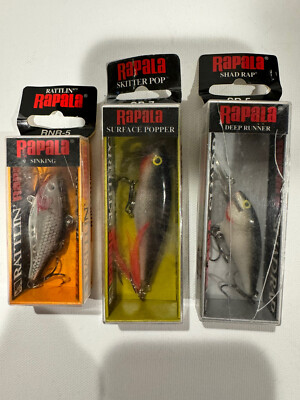 LOT OF 3 RAPALA 3-JERKBAIT FISHING LURES Ratlin,shadrap,skitterpop