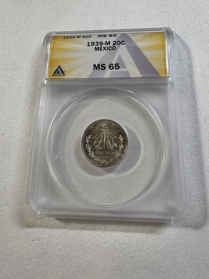 Moneda de plata de 20 centavos de México 1939-M graduada como nueva 65 por ANACS Foto 2 de 4