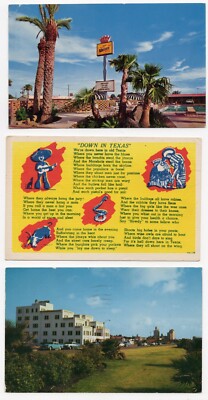 (3) TEXAS Postcards Siesta Motel Laredo, Legends, Terrace Hotel Corpus Christi