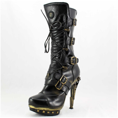 New Rock Stiefel Gr. 37 Punk schwarz Echtleder Plateaustiefel (#3845)